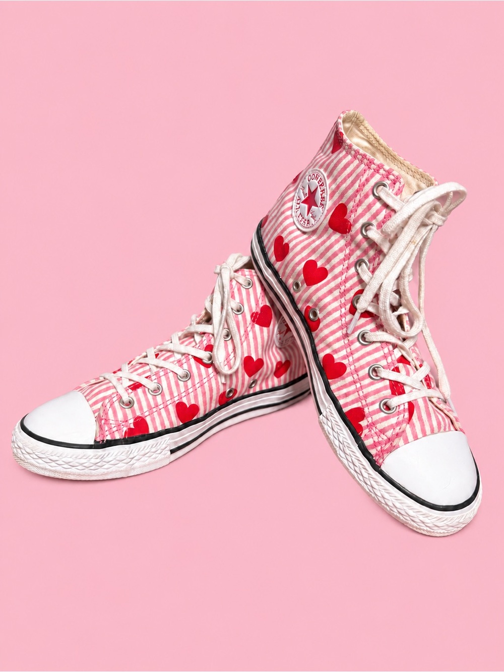 Converse Pink Stripe High-Top Sneakers with Red Heart Print